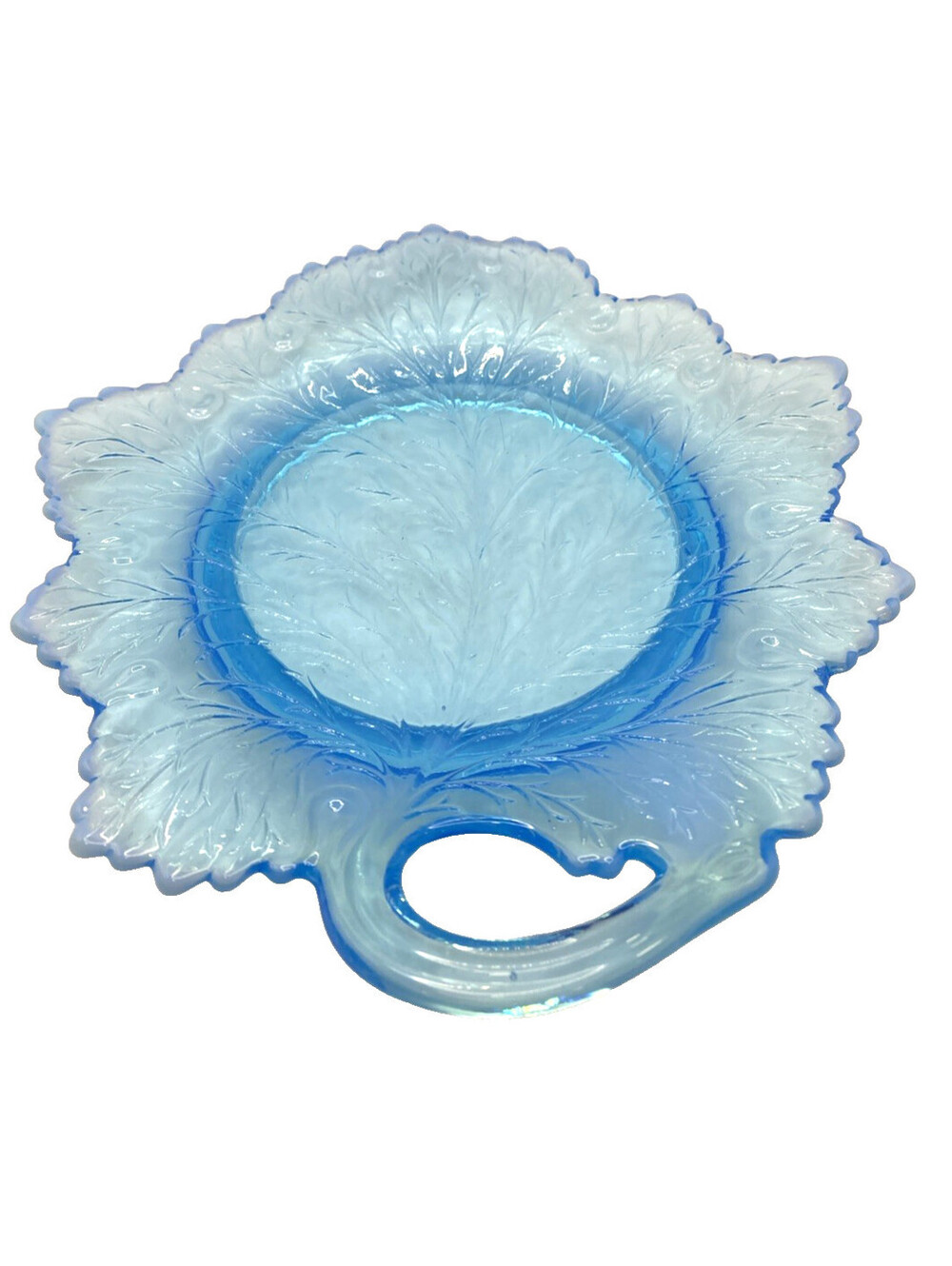 Fenton Blue Leaf Art Glass Dish Milk Glass Handled Vintage Dish 9”